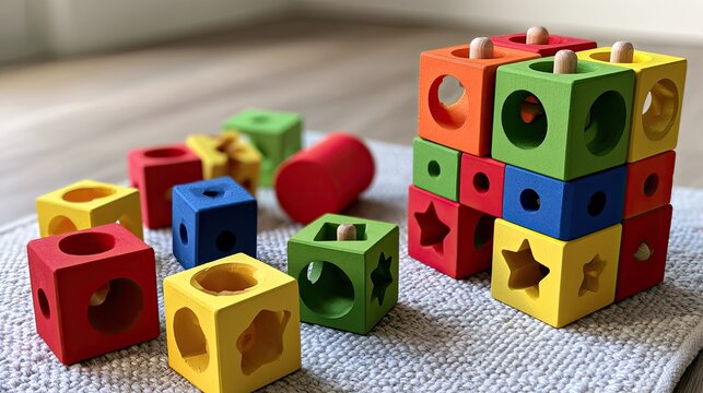 Colorful wooden blocks, various shapes, for early childhood development