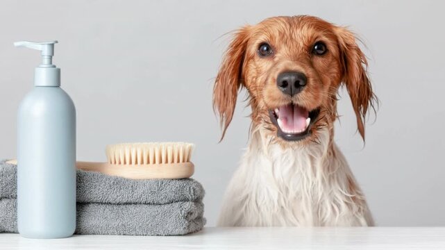 Wet small dog looks attentively while sitting near gray towel, wooden brush, and plastic pump bottle on white surface in clean and simple bathroom setting