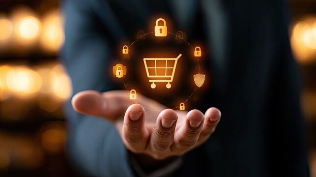 Hand holds digital shopping cart with surrounding security icons