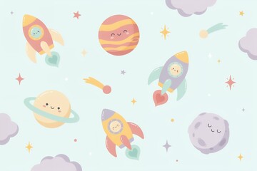 Fototapeta premium Cute space pattern with smiling planets, cartoon rockets, shooting stars, and soft purple clouds on a light blue background, for children