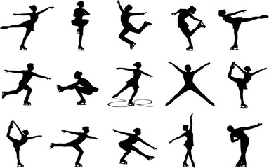 Figure skating ice skater woman jump spin spiral layback performance silhouettes vector set isolated © raccoontail