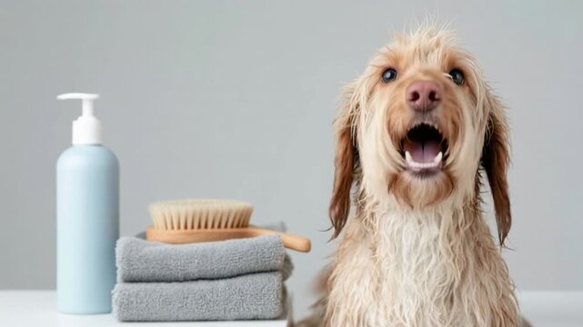 Wet dog sitting beside stack of gray towels with wooden brush and white pump bottle on neutral background close up portrait of golden doodle after bath