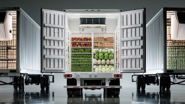 Refrigerated trailers stocked with an abundance of fresh fruits and vegetables