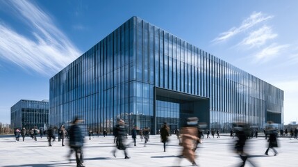 Modern glass building with blurred people walking outside on a sunny day