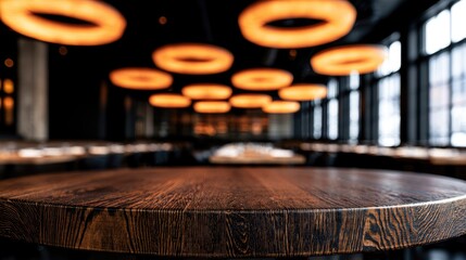 Obraz premium Warmly lit dining room with round wooden table in foreground