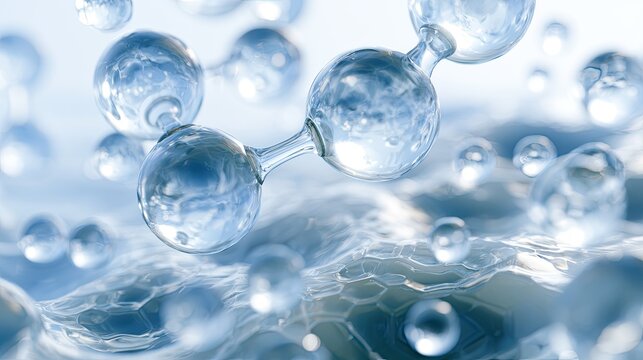 Transparent, glassy spheres linked, floating on a textured, liquid surface