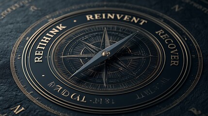 Obraz premium Conceptual compass with words Rethink Reinvent Recover
