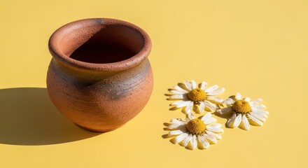 Clay pot with white daisies on yellow. © Dallia