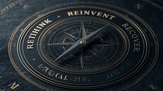Conceptual compass with words Rethink Reinvent Recover