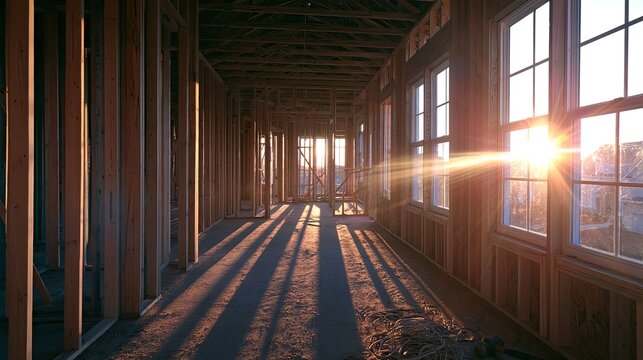 Sunlight streams through unfinished walls, casting long shadows in a home