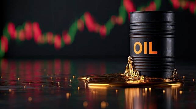 A barrel of oil spills as stock market graphs fluctuate