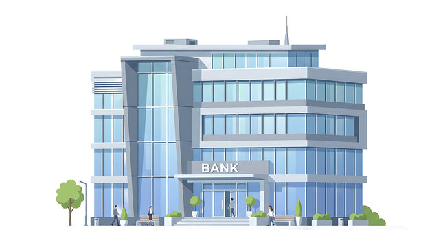 Modern bank building with glass windows and metal structure, featuring people walking in front on a clean white background