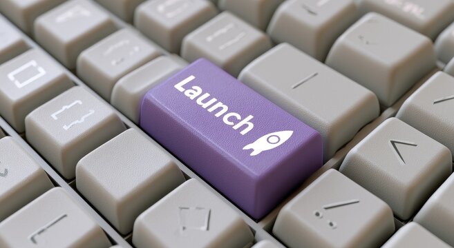 Purple key on keyboard with rocket icon and "Launch" text