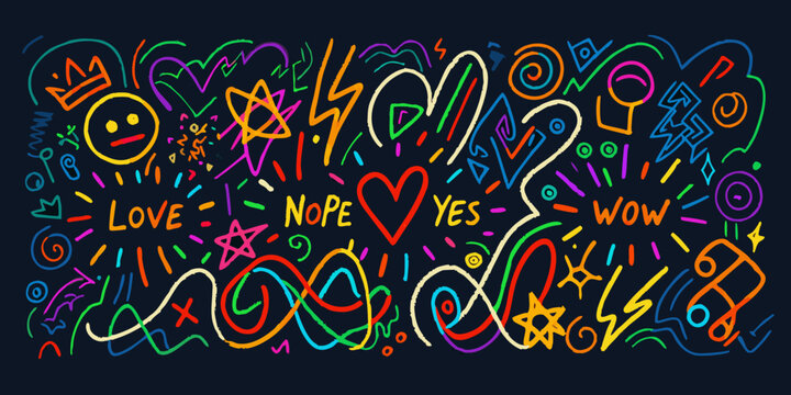Colorful doodle pattern with handwritten words and abstract shapes