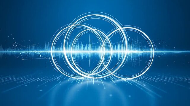 Dynamic digital background with glowing circles and sound wave visualization.
