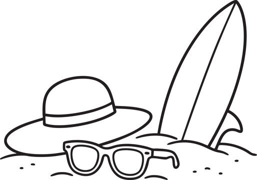 Minimalist line art illustration srt of a classic summer beach with glasses and a cap.