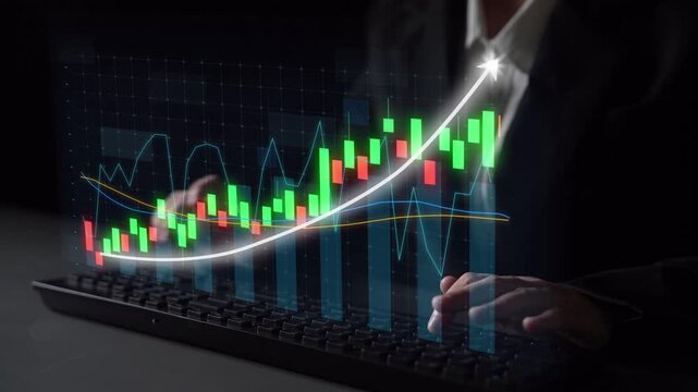 A business person analyzes stock market trends using advanced digital data visualization on a computer. Vibrant graph charts display financial indicators and growth paths. Copula