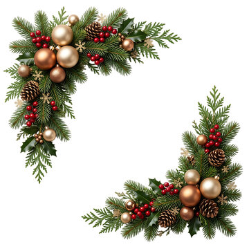 Christmas corner frame made of green pine branches with gold baubles and red berries