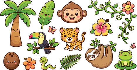Cute cartoon jungle animals and tropical rainforest elements clip art set featuring monkey leopard sloth and toucan for kids nursery decor graphic design project © AntarChandra