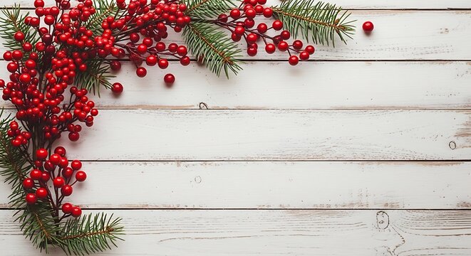 White wooden planks with green pine branches and red berries on left side