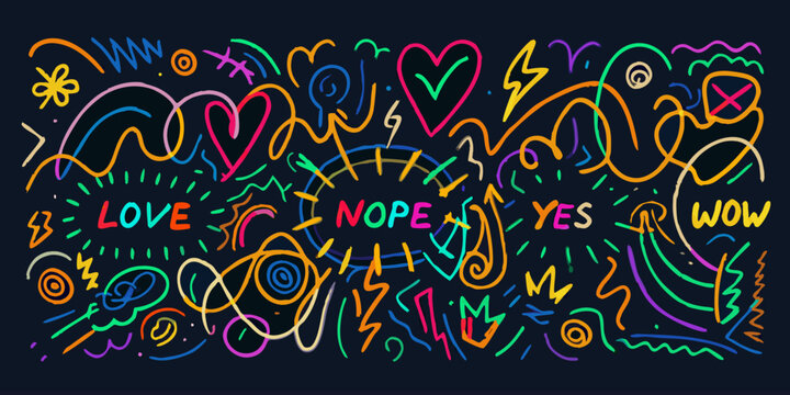 Neon doodle pattern with handwritten words on a dark background