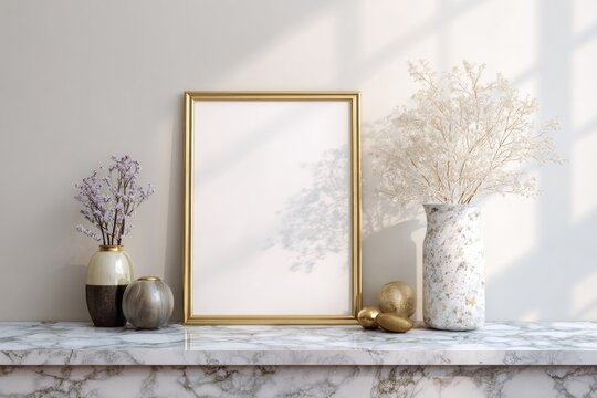 Golden frame displays artwork on marble shelf with decorative vases.