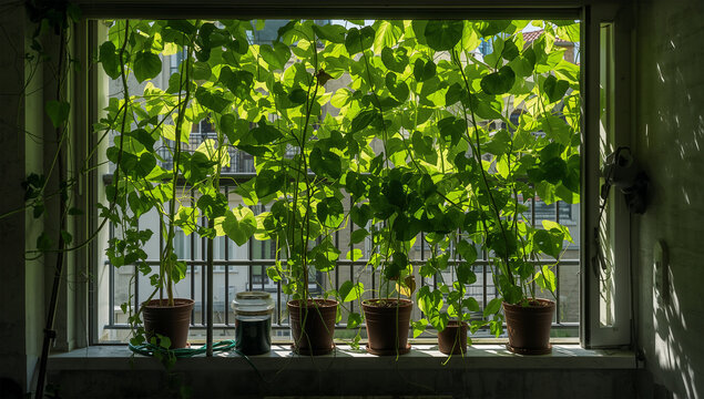 夏のベランダで日差しを遮る緑のカーテンと鉢植え