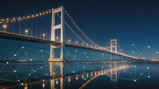 Illuminated suspension bridge at night with digital network connection overlay, smart city infrastructure, global communication technology, internet of things