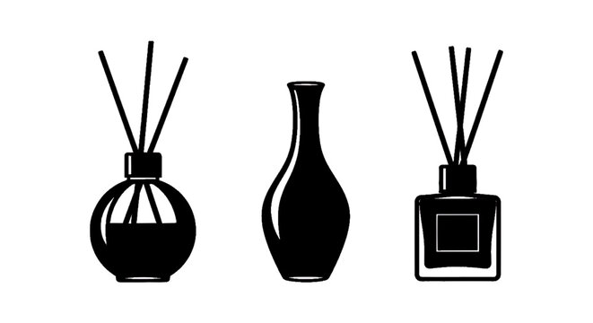 Minimal black silhouette icon, simple flat vector, bold black shape, no gradients, no shading set of reed diffusers and a decorative vase on a, flat icon style