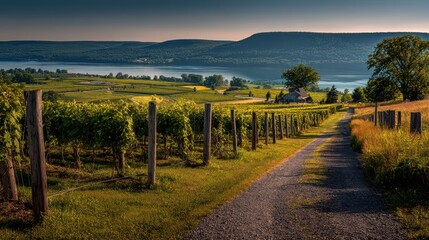 Obraz premium Golden hour landscape: vineyard rows, blue lake, and foothill mountains