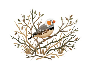 Obraz premium A detailed illustration of a male zebra finch perched on a small branch.