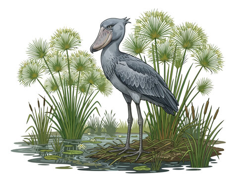 A detailed illustration of a shoebill stork standing in its natural wetland habitat.