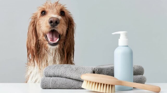 Wet dog looking at camera with gray towels, wooden brush and white bottle with pump dispenser on table for pet grooming and bathing routine in neutral background