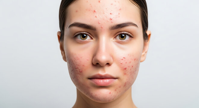 Close up portrait of young female face with severe acne skin problems