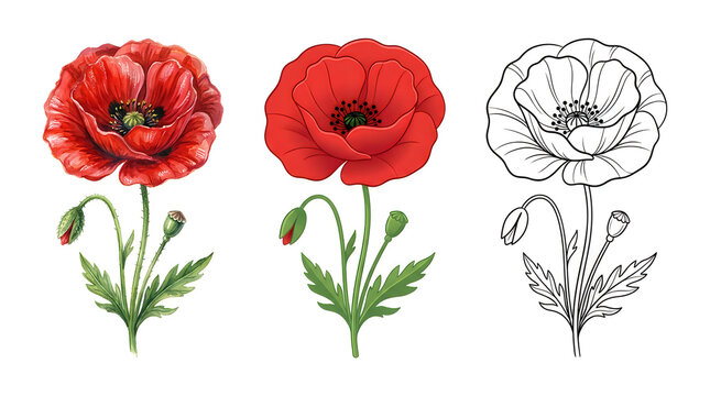 Set of beautiful red poppy flowers and line art drawing
