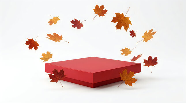 Red square product display podium with falling autumn leaves