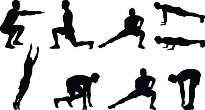 Fitness Exercise Silhouette Collection with Stretching Squats Lunges Push Ups and Jumping