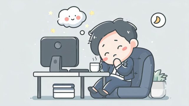 Tired businessman sleeping at office desk with coffee in cartoon style