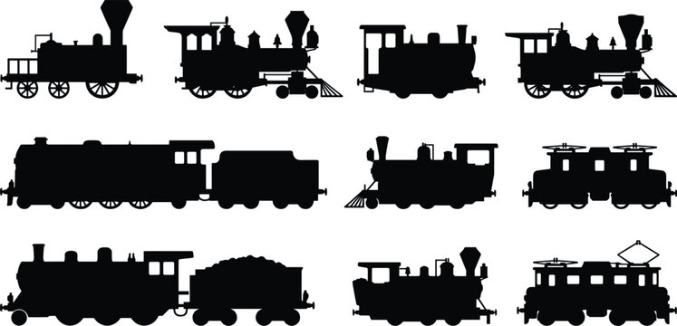 Vintage and Steam Train Locomotive Silhouette Collection with Railway Engines