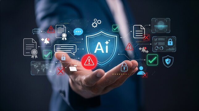 AI risk management and cybersecurity concept. businessman showing compliance checks, threat alerts, and data protection systems to ensure digital security