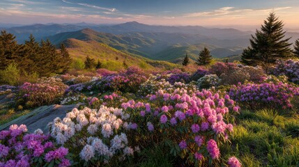 Obraz premium Dawn light over a rhododendron field in Roan Mountain State Park, Tennessee