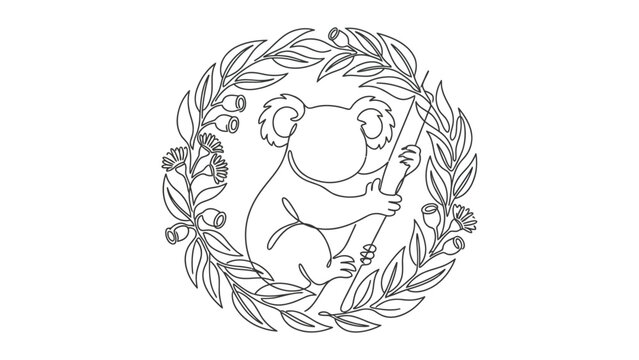 Cute koala illustration inside a circular eucalyptus leaf wreath