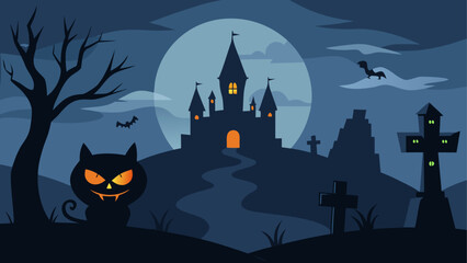 Halloween night with spooky castle and cat © Devili