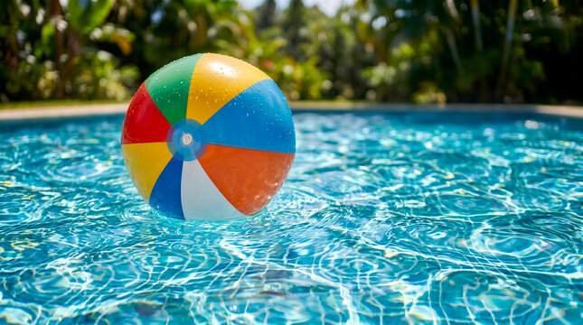 Colorful striped beach ball floats on the rippling blue surface of a sunlit swimming pool, surrounded by a lush tropical backyard garden background.