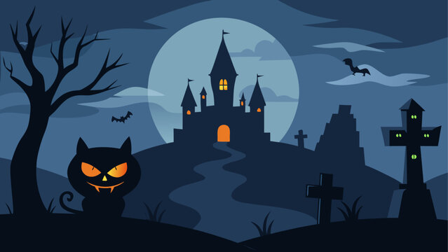 Halloween night with spooky castle and cat