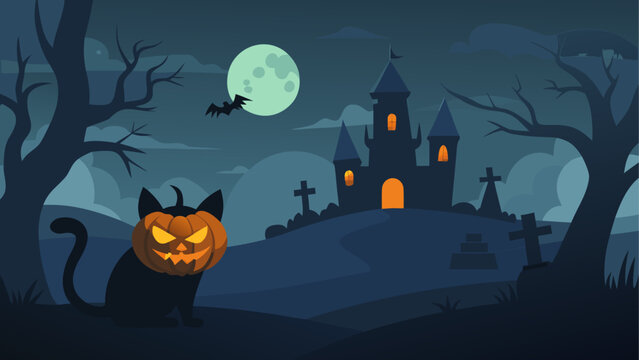 Halloween scene with black cat and jack o lantern