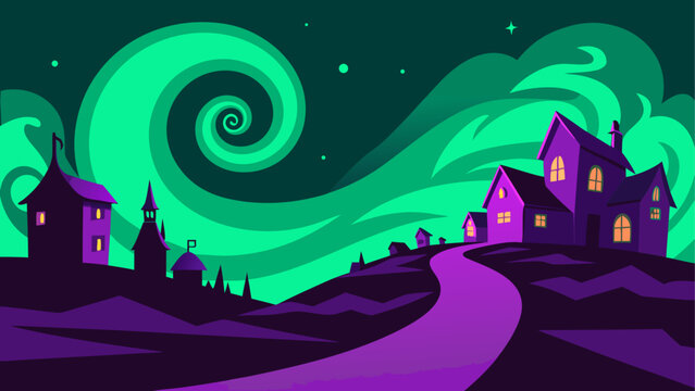 Halloween village with spooky green swirling clouds
