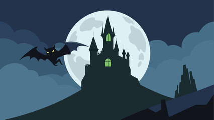 Halloween castle with flying bat under full moon © Devili