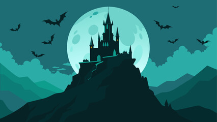 Dark castle on a hill with full moon and bats © Devili