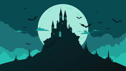 Dark castle silhouette with full moon and bats © Devili